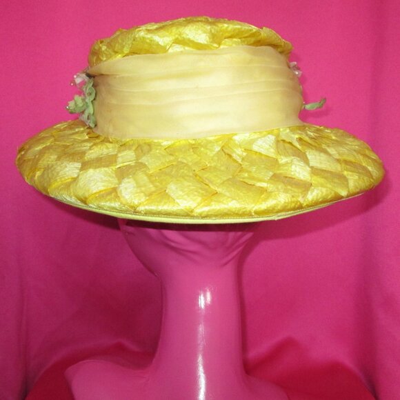 1950s vintage yellow wide brim floral hat rockabilly summer easter
